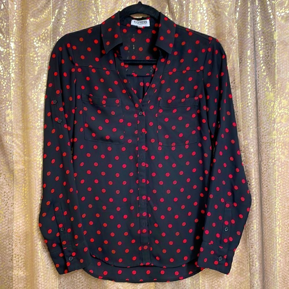 Express black/red polkadot portifino button down blouse, size XS slim